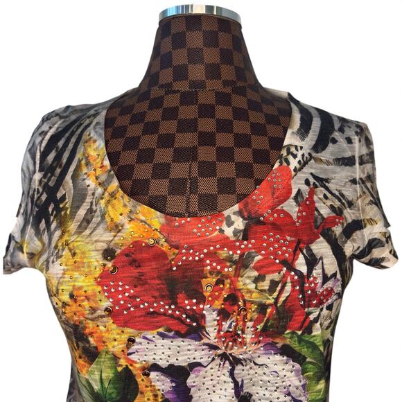 Vtg Y2K Cache Embellished Graphic Top Size Medium Rhinestone Animal Print AOP - Picture 6 of 10